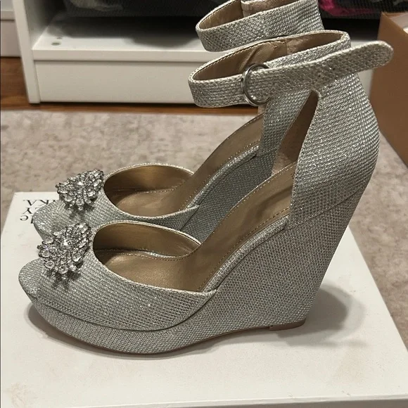 Badgley Mischka Silver Crystal Peep-Toe Ankle-Strap Heels - Picture 2 of 8